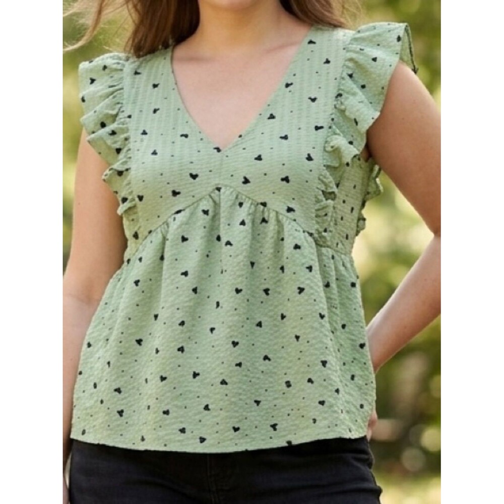 NWT Umgee Sage Green Flutter Sleeve V-Neck Top with Black Heart Print